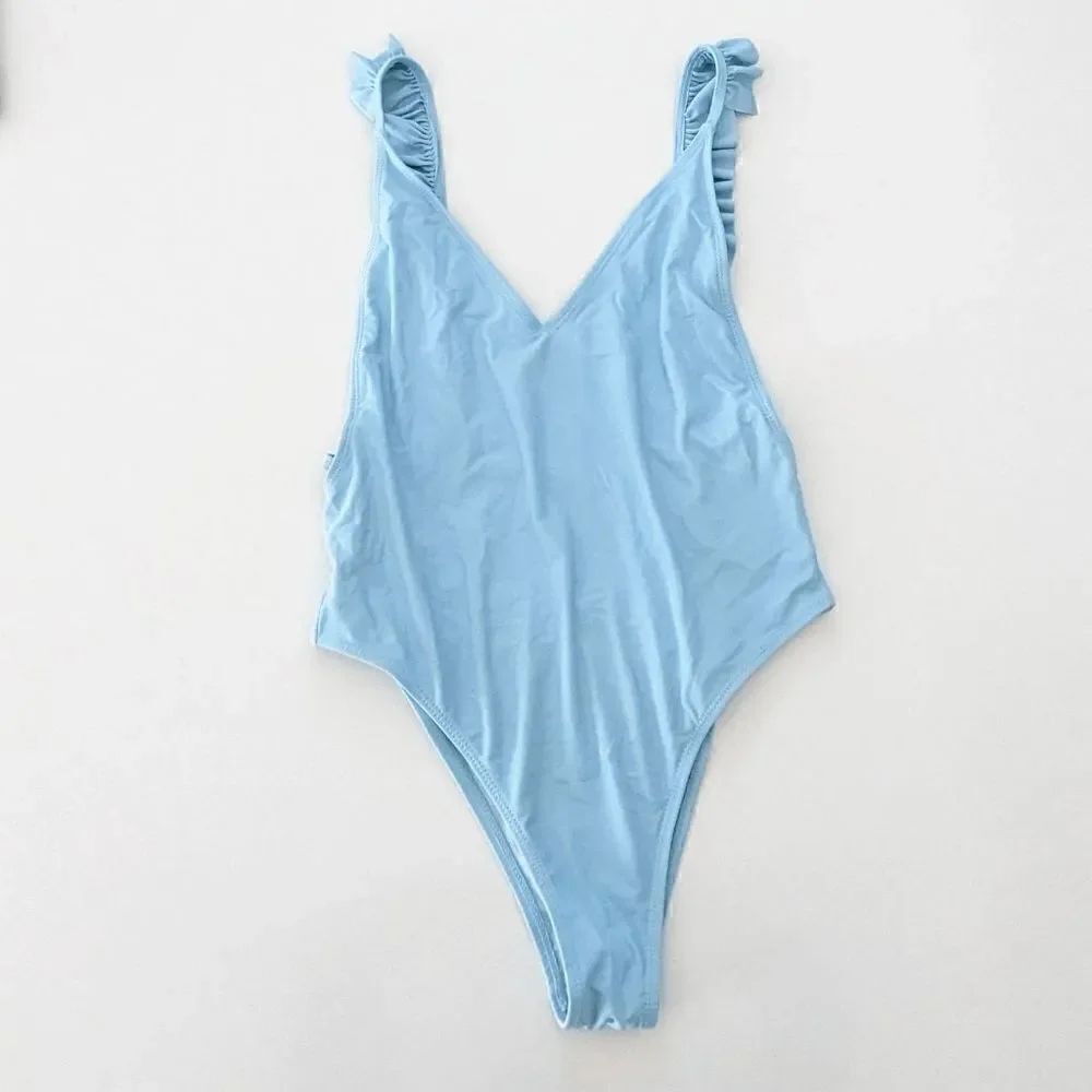 Womens SheIn One Piece Bathing Suit Monokini Ruffle Deep Plunge Small Light Blue